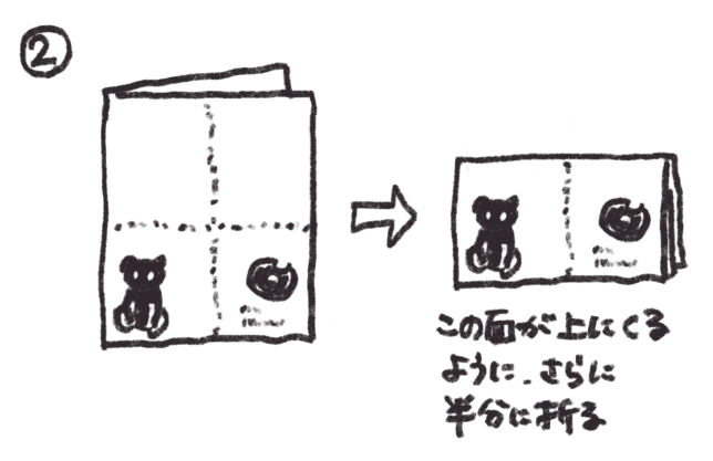 ネットプリントに登録した日記ZINEを印刷したあとの折り方・綴じ方・裁ち方の手順（2）です。
次に、クマの絵が上にくるようにして、今度は短辺を半分に折ります。